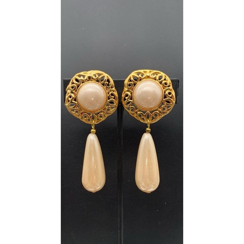 Vintage Gold Tone Swirl Clip On Earrings With Faux Pearl Teardrops